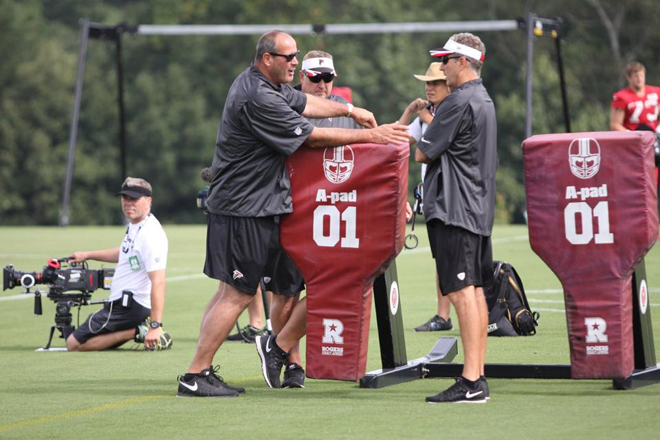 The arrival of Coach Tice has instilled a needed confidence in the offensive line group (Atlanta Falcons photo).